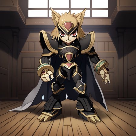 score_9, score_8_up, score_7_up, score_6_up, score_5_up, score_4_up,rating_safe,source_anime,jojo,1girl,solo,necoarc,blonde hair, red eyes, slit pupils, cat ears, :3, chibi,alphamon,cape,full body,dynamic pose,indoors