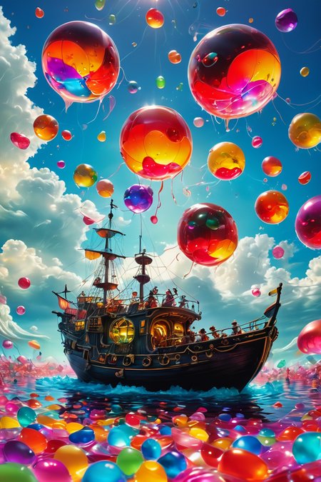 Pirates sailing through a sky filled with giant floating jelly beans and disco balls. <lora:extremely_detailed:1> <lora:SDXLFaeTastic2400:1>