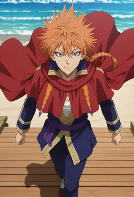 masterpiece, best quality, , anime screencap, anime coloring, official style, looking at viewer, 1boy, solo, male focus, <lora:leopold_vermillion_ilxl:1>, leopold_vermillion, orange hair, green eyes, spiked hair, long hair, braid, single braid, makeup, eyeshadow, eyeliner, cape, beach boardwalk, wooden planks, crashing waves, ice cream stalls, walking pose, carefree expression, sunny day,