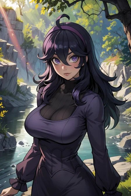 1girl, (solo:1.2), (looking at viewer:1.5), (upper body:1.5), (walking:1.2), (cowboy shot:1.5), (masterpiece:1.3), (best quality:1.3), (perfect anatomy:1.4), highly detailed, (secluded river scenery:1.2), (sunlight through trees:1.3), daylight,natural rock formations, nature,, <lora:Hex Maniac [h_madoka - v1.0]:0.7> aahex, hex maniac \(pokemon\), long hair, ahoge, purple hairband, purple eyes, @_@, huge breasts, long dress, black dress, long sleeves, <lora:Maenoo [MockAI - v1.0]:0.8> semi-realistic artstyle, vibrant, soft shading, expressive