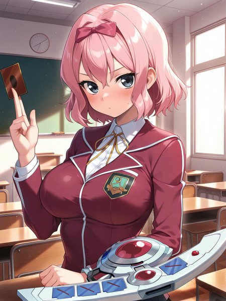 tsan dire,duel academy uniform \(yu-gi-oh! 5d's\),solo,1girl,card \(yu-gi-oh!\),blush,looking at viewer,upper body,closed mouth,large breasts,pink hair ribbon,card between fingers,yellow neck ribbon,red blazer,white collared shirt,black miniskirt,duel disk \(yu-gi-oh! 5d's\),indoors, classroom, 
masterpiece,best quality,amazing quality,very aesthetic,absurdres,newest,<lora:Tsan Dire illusXL v1:0.76>,