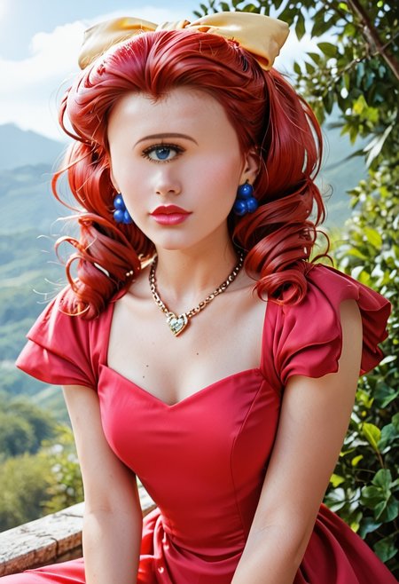 score_9, score_8_up, score_7_up, score_6_up, <lora:PMJessebelle_epoch_7:0.8>, PMJessebelle, blue eyes, red hair, drill hair, yellow bow, hair bow, earrings, lipstick, pink lips,
pearl necklace, red dress, shoulder pads,
leaning forward, serious, looking at viewer, facing viewer, hand on own knee, cowboy shot, 
BREAK day, sunlight, outdoors,
gorgeous lips, cinematic, (masterpiece), (best quality), (ultra-detailed), very aesthetic, illustration, perfect composition, intricate details, absurdres, (realistic, ultrarealistic, masterpiece, intricate:1.3), (best quality, hires textures, high detail:1.2), (4k), (incredibly detailed:1.4), (masterpiece, best quality:1.2), cyclopsgirl, thinmonobrow, masterpiece,best quality,