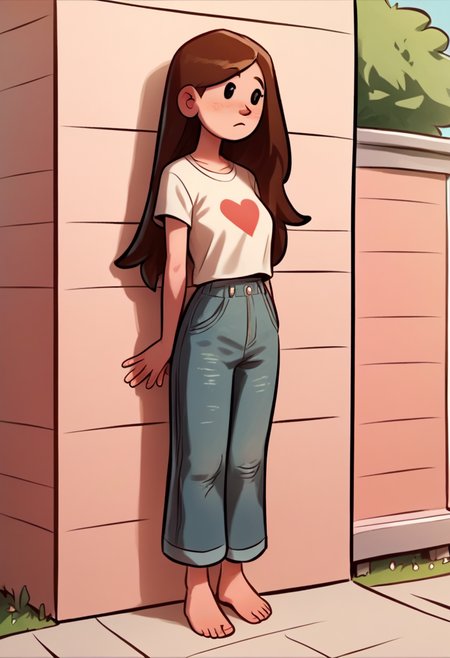 score_9, score_8_up, score_7_up, score_6_up, score_5_up,  1girl, solo, full body,
(source_cartoon),
<lora:Mal (Storybooth) (Pony):0.85>
Mal_Storybooth, brown hair, long hair, straight hair, dot eyes,
outdoors, detailed background,
<lora:Expressive_H:0.7> Expressiveh,
<lora:add-detail-xl:0.9>