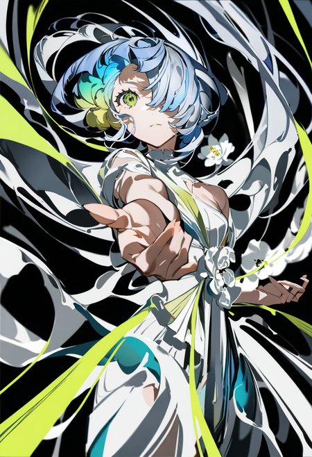 masterpiece, best quality, <lora:yoneyamaiXL_ANI31_lokr_V4302:0.95>  solo, 1girl, looking at viewer, yellow eyes, black background, flower, reaching, reaching towards viewer, one eye covered, outstretched arm, floating hair, blue hair, cowboy shot, hair over one eye, closed mouth, long hair, grey hair, short hair, multicolored hair, white flower, green eyes, abstract