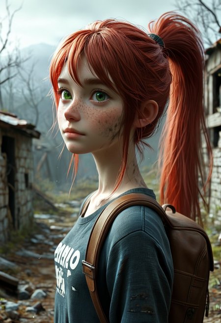 score_9, score_8_up, score_7_up,  1woman,  Masterpiece, 4k, ultra high detail, 21yo, small_breast_size, long red ponytail hair, fcNeg, stunning green eyes, freckles, white skin, small nose, innocent beauty, slim cute face,  skinny body, red hair, 
Alerted look, dry tears, dirty clothes, dirty face, 
 particles, 
Dark sky with stormclouds, ash, falling Ash like dark snow, ruins, wasteland, cityruins, lightly torn gamer_shirt, heavy_torn_dirty_skinny_jeans, dirty_clothes, used_camping_backpack,
End of the World, 
negative_hand, NightScapes, ng_deepnegative_v1_75t, green eyes, perfecteyes,