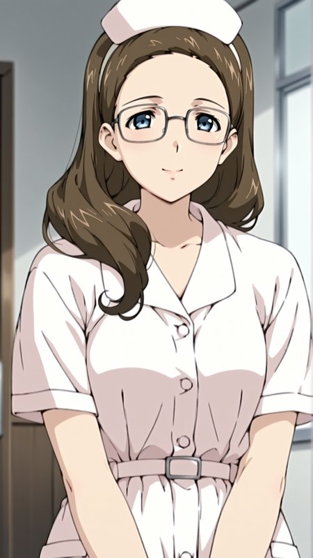 source_anime, general, best quality, masterpiece, 1girl,  <lora:Marie_ill:1> marie\(gunxsword\),blue eyes,tareme,brown hair,long hair,glasses,mature,nurse,  nurse cap, hairband,