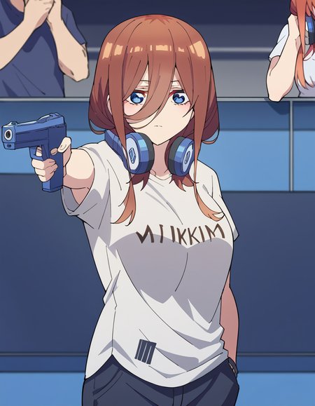 score_9, score_8_up, score_7_up, source_anime, <lora:miku-nakano-s2-ponyxl-lora-nochekaiser:1>, miku nakano, long hair, bangs, blue eyes, brown hair, hair between eyes, headphones, headphones around neck, large breasts,, <lora:yusuf-dikec-ponyxl-lora-nochekaiser:1> yusuf dikec, yusuf dikec (meme), meme, hand in pocket, handgun, holding gun, gun, shirt, t-shirt, pants, audience,, , cowboy shot,