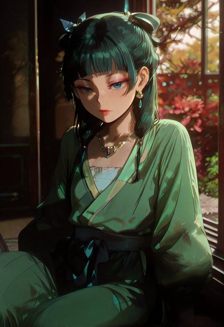 lazympos, SmoothNoob_Quality, Smooth_Quality, 1girl, solo,
maomao \(kusuriya no hitorigoto\),maomao,green kimono, freckles, blue ribbon, long skirt, hair ornament, jewelry, necklace, makeup, diamond earrings, looking outside,