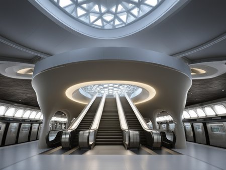 <lora:JJsMetroStation_XL:1>, ((Metro Station)),building,masterpiece , best quality, soft lighting, high quality, indoors,  building, scenery,real world location, sign, sunlight, sky, daytime,  enough detail, high resolution, super realistic, Photorealistic, highly detailed,reflection,glass,  esclator, hall way, curvy ceiling, reflection floor, stairs,