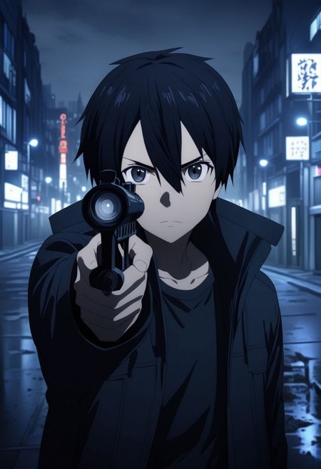 high resolution, professional photography, best quality, 1Boy, Kirigaya Kazuto, Black Hair, Black Eyes, potrait, midnight, big city, dim street lights, dirty, cold, tense, mysterious, sharp eyes, merciless, threatening, weapon, aiming the weapon at the viewer, overalldetail