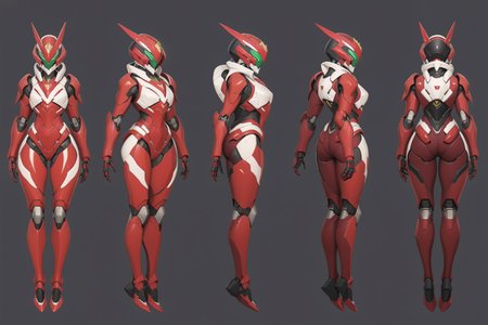 (GENERAL:0), mecha, robot, masterpiece, best quality, very aesthetic, absurdres, solo, standing,
(VIEWS:0),  full body character turnaround of mecha,
Multiple views of the same mecha,  (simple background, white background:1.2), multiple views, side view, back view, front view, 
,
mask, helmet,
Butterfly \(insect\)ï¼
EVANGELION EVA-01 TEST TYPE,
plate armor, power suit, alien,
android, cybersuit, upper armor, mechanical arms, machinery, prosthesis,
(bodyshape:0), Petite body,
(clothing:0), (Opulent velvet dress with exaggerated draped sleeves:0.6), 
(red  
medieval  theme character design:1.1),
 <lora:MechTurnXLRemix_v1:.75>
 <lora:MechTurnXL_v1:.25>
<lora:ClothTurnXLRemix_v1-000004:.25>
 <lora:ClothTurnXL_v1-000004:0.25> 
<lora:CharTurnXL_v2:0.25>
 <lora:xl_more_art-full_v1:.25>,
 <lora:Alphonse Mucha Style:.1>, Alphonse Mucha Style page
 <lora:å½é£æç»SDXL:.1>