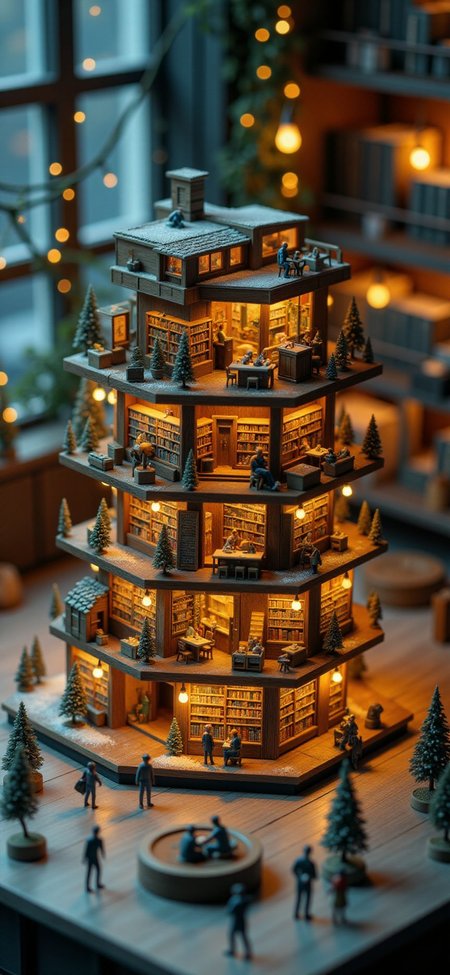 (indoors,indoor,isometric view,side view,tilt-shift lens:2), (fna_style,miniature,miniature,diorama,miniature,diorama,PVC,plastic:2),starry night,winter giant (multi layers of library with cafe hexagonal vertical:2.5) is located center, people, (in wooden square plate:3) (on table at study:3) <lora:Fantasy_Novel_Art_Style:1> <lora:Rostpunk:0.3>
