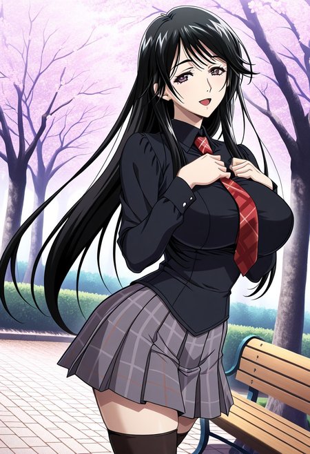 masterpiece, best quality, newest, highres, uncensored, 1girl, yokota mamoru style,1girl,
Yakou Tomoe,Black Hair, Long Hair,Brown Eyes,Big Breasts，
 black thighhighs, zettai ryouiki, black shirt, collar, red necktie, plaid, plaid necktie, plaid skirt, pleated skirt, grey skirt,, park, cherry blossoms, bench, gentle breeze, peaceful, running, open mouth,, smile, , hands on own chest, smile, solo,, cowboy shot, dutch angle