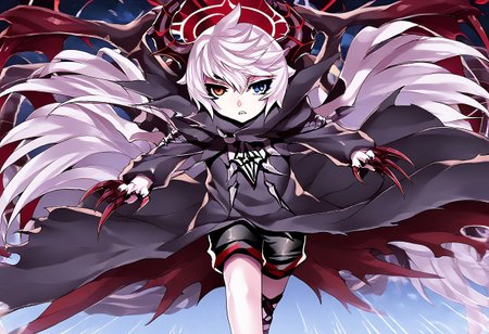 Score_9, Score_8_up, Score_7_up, Score_6_up, Score_5_up, Source_anime, rating_safe, 1boy, Vandelieu, emotionless face, white hair, heterochromia, red and blue eyes, black shirt, black shorts, black trenchcoat, walking, looking at viewer, {{{claw, sharp nails, very long fingernails:2}}}, seraph wings, red crown halo, demon horns, ram horns, dark kingdom, dutch angle