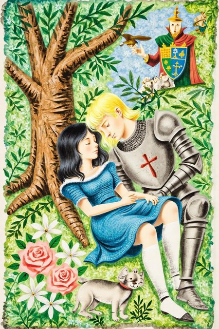 leowe1 illustration.
A blonde knight and a lady sitting under a tree. The lady has dark hair and is wearing a blue dress. The knight is sleeping with his head on the leg of the lady  <lora:gwonder1_cap_d6a3e15:1.0><lora:826589902624954839:0>