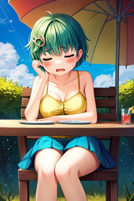 zPDXL2, rating_safe, source_anime, 4k quality, detailed background, detailed eyes, outdoors, sunny, sitting in chair, umbrella table, glass of juice, closed eyes, sad eyebrows, open mouth, wavy mouth, sweat drops, yellow button-up camisole, teal buttoned skirt, <lora:nomiki-xl-07:1>, nomiki, medium breasts, full breasts,