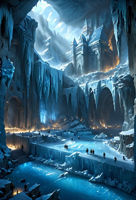 action shot of realistic highly detailed ice age land with an ice fortress, (((masterpiece))),(((ultimate quality))),32k,hyperrealistic, photorealistic, stunning composition, sharp focus, clear shadows and highlights, introcate details, high texture resolution, raw picture, epic, grandeur, HDR, fading ray of light, fantasy special effects, fantasy effect  <lora:add-detail-xl:1> <lora:add_details_xl:1> <lora:detailed_notrigger:1> <lora:More_interesting_backgrounds:1> ibg, cg wallpaper, UHD