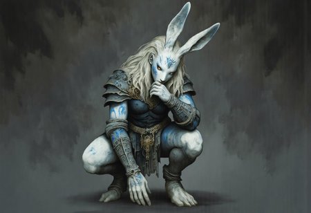 MikeFranchinastyle, Surreal art, d4artstyle, d4concept, , made of clay, aidmaMJ6.1, ZBClay model of a gray sculpture, Kentaro Miura, berserk style, ral-mold
a crouching anthropomorphic rabbit character with a blend of fantasy and warrior themes. This character has tall, expressive white rabbit ears and long, flowing platinum blonde hair that frames their intense golden eyes. They wear a dark, intricately detailed outfit with armor-like patterns, blending dark leather with silvery embellishments. Blue markings on their skin accentuate the character's fierce and mystical aura, while patches of darker fur on the cheeks give them a unique appearance.
The attire includes a fitted jacket with silver filigree on the sleeves and shoulders, paired with thigh-high white stockings and sturdy, clawed boots. The character's posture is contemplative, with one hand supporting their chin, enhancing their mysterious and introspective demeanor. The overall color palette features soft whites, deep grays, and metallic highlights, suggesting a character who is both graceful and powerful.
Background solid color with a faded dimly lit, black-covered darkness tone that emphasizes its silhouette. The medium is not a traditional painting or illustrative medium like watercolor or ink but rather a digital rendering, eerie and unsettling.