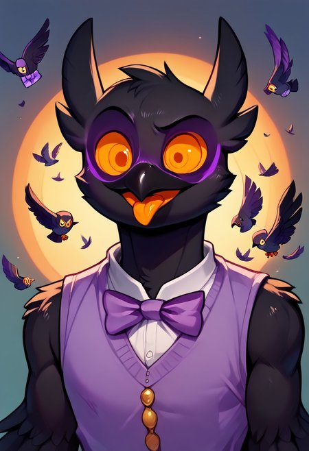 Barnaby, 1boy, yellow eyes, orange sclera, black body, long neck, feathers, bird feet, winged arms, bird tail, black beak, purple vest, sleeveless, purple bowtie, orange tongue, avian, furry, anthro, ghost, owl, spirit, digitigrade, no humans, no pants, perfect body, solo, (insanely detailed, beautiful detailed face, masterpiece, cinematic lighting, detailed hands, detailed face, best quality), (sharp), score_9_up, score_8_up, score_7_up, score_6_up, highest quality, 8K, RAW photo, source_anime, perfect face, perfect hands, upper body