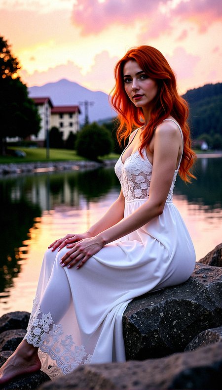 A serene, photorealistic image of a beautiful lady with red hair and green eyes,  at the edge of a lake as the sun sets. She wears White flowy maxi dress with lace details highlights her slim waist and ample bosom. The purple sky casts dramatic lighting across the tranquil nature scene. Perfect hands and body anatomy.Additional background details are a tree, stone walkway, utility pole, resort building seen farway near the mountain, mountainous horizon, 

Ripples in the lake water reflecting the sky, Intricate floral patterns on the maxi dress ,Detailed reflections of the sky on her dress

Sitting on a large stone, with her legs crossed, hands resting casually on her knees, looking calm and serene





























, 




