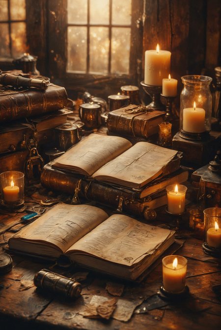 close-up of An ancient leather notebook with worn corners and numerous scratches and scuffs. The edges of the pages show visible signs of age, with many of them frayed. Page markers protrude at various spots. The book rests on an old wooden table, illuminated by beige candles.
deep depth of field, photography, Natural geographic photo, Hyper-realistic, 16k resolution, (masterpiece, award winning artwork), many details, extreme detailed, full of details, Wide range of colors, high Dynamic,
<lora:add-detail-xl:2> ,  <lora:MJ52:0.5> <lora:SDXLFaeTastic2400:0.8> Faetastic  <lora:DoubleExposure:0.6> double exposure, merging