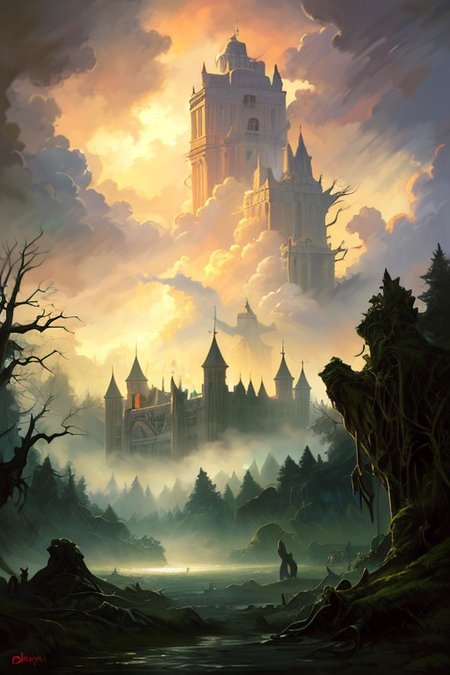 hyperrealism oil painting, ghost of the castle,
thunderstorm, and many small clouds, and slightly cloudy, fantasy forest,
an expansive ancient forest, featuring towering oaks, diverse wildlife, a variety of flora,FanRu,guiguai,
{dawn|dusk|night},