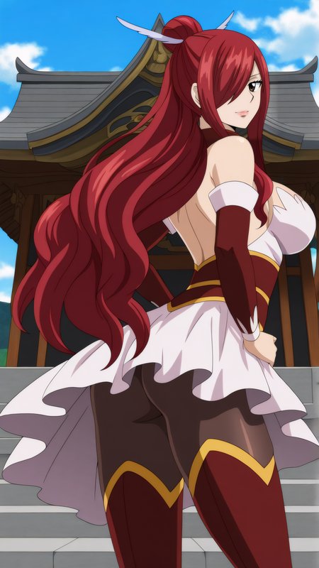 masterpiece, best quality, very aesthetic, absurdres, BREAK, 1girl, looking back, cowboy shot, 
<lora:Artaraxia_Erza_Illu_Dwnsty:0.8>, erz_ataraxia, brown eyes, red hair, long hair, hair over one eye, ponytail, single hair bun, dress, rose, thigh boots, backless outfit, cleavage cutout, detached sleeves, red thighhighs, skirt, black pantyhose, 
large breasts, lips, skindentation, light smile, hands on own hips, 
outdoors, shrine, east asian architecture, blue sky, cloud, from behind, ass, ass focus,