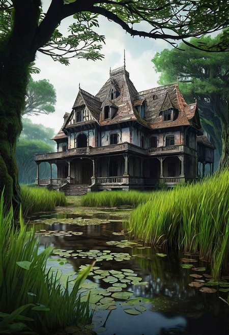 hd, 8k, masterpiece, award winning illustration  of an abandoned mansion covered with grass in a swamp, dungeons and dragons style, fantasy, group of adventurers outside, intricate details, heroic fantasy, spooky, fandist,