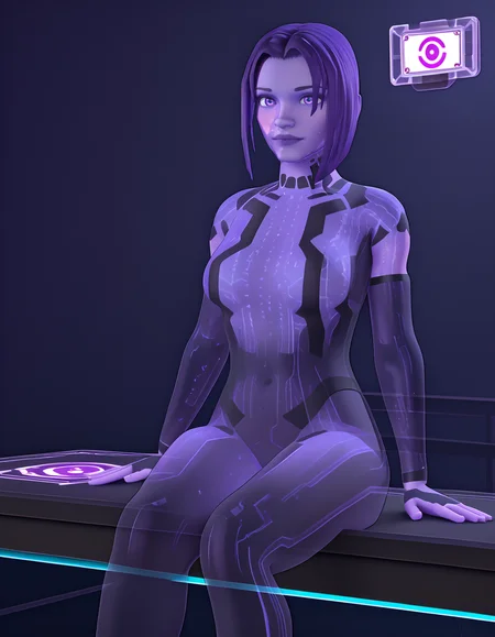 Masterpiece, high-res, 2k, best quality, 3d, translucent,  cortanah2, purple skin, purple theme, hologram,transparent,  medium breasts,   <lora:cortanah2_pony-000043:1> Sitting on the edge of a table or ledge