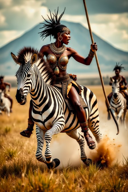 Real photograph of an African warrior woman,  black skin, Nubian, beautiful, breathtaking,  athletic, (small breasts:1.4),  earrings, necklace, wrist bands,  human feet wearing sandals,  dangerous, fierce, determined, battle hardened,  mounted atop an angry and ferocious zebra,  charging into battle with lowered spear, shield and spear bearing war decorations,  fierce angry painted face full of rage, yelling fierce war cries,  African Savannah with mount Kilimanjaro in the background,  intricate details, masterpiece, elegant, complex patterns,  (full body shot from head to toe:1.6), environmental wide angle,  dramatic and dynamic morning lighting, intense atmosphere,  <BaroqueColorful:0.72>