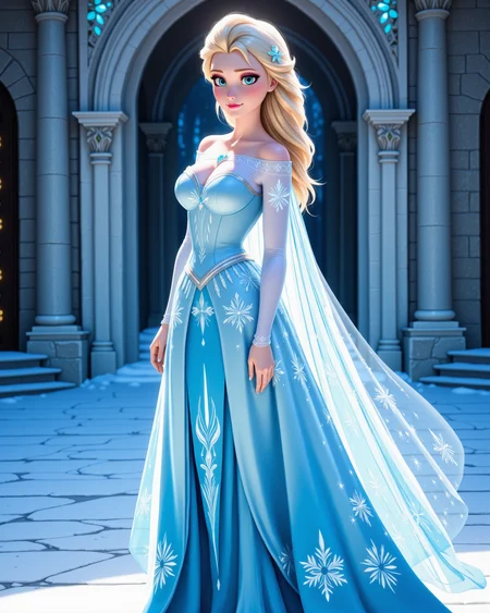 -looking at viewer, outdoors daylight, a 20 year old adult mature woman.
PhotoRealistic Style,  side view photo of.
<lora:Frozen_-_Elsa_v2_000030:1> f-elsa, blue eyes, blonde hairice blue off-shoulder gown with sparkling snowflake patterns, sheer icy cape flowing from back, glittering high heels
Upper Body view passport style