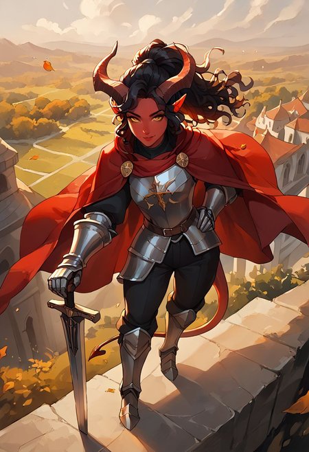 score_9, score_8_up, score_7_up, 
1girl, Tiefling, pointed ears, horns,  yellow eyes, tail, red skin, black curly hair, ponytail, long hair,
paladin, cleric, knight, crusader, (heavy armor, shiny armor, ornamental armor,),
  slight smile,
 standing on a cliff, fantasy city in background, (red cape), wind, windy weather,  leaves in air, 
both-hand-hilt, planted sword, hand on hilt, holding sword, cowboy shot , close up, looking at viewer, from above,