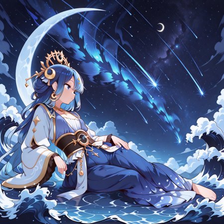 lazypos, character focused, anime girl, golden jewelry, deep blue hair, celestial eyes, reclining pose, moonlit sea, starry sky, flowing waves, ornate accessories, exotic outfit, mystical charm, glowing highlights, shimmering skin, fantasy horizon, nighttime setting, elegant design, vibrant colors, crescent moon, dreamy atmosphere, shooting star, KoyankoStyle