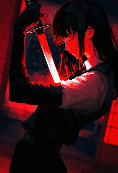 (by maegami /(daisuki oekaki1/):1.3), (by 96yottea:1.1), painterly, (by misawa hiroshi:0.8), film grain, , (limited palette:1.2), realistic, 
masterpiece, best quality, amazing quality, very aesthetic, 
(glowing theme:1.2), floating embers, underlighting,  pulling sword, dutch angle, perspective, depth of field, blurry background, blurry foreground, blurry edges, 
yoru \(chainsaw man\), 1girl, solo, black gloves, black hair,elbow gloves, facial scar, closed eyes, human scabbard, katana, indoors, night, closed mouth,  expressionless, relaxed, (from side:1.3),  scar on cheek, scar on nose, 
dark background, glowing red particles, red-blue theme,
<lora:nhl-001-20:0.9> nhl-001