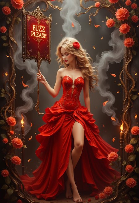 bailing_fire, neo cyber Gothic style, woman in a scarlet dress is surrounded by flowers and candles. Fractal etchings wind around her frame as wisps of ethereal smoke cling. With a primary palette of deep crimsons and gothic hues, accented by dazzling glints of gold and orange. The background awash in obsidian drippings reminiscent of Jackson Pollock's drip painting technique, ornate patterns emerging like those of Alphonse Mucha. A haunting, moody atmosphere akin to Jeremy Mann's dark imaginings enveloping the scene. She holds a dark red sign with burning letters with text:"BUZZ PLEASE!", F4sh10n, aidmatextimprover