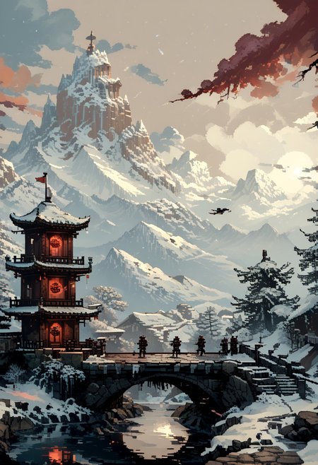 score_9, score_8_up, score_7_up, yamer_pixel_fusion, pixel art, 
A Chinese dragon wrapped around The summit of a snowy mountain, reached only by the most devoted. A stone platform overlooks the world below, where rituals are held to call upon the power of the wind and sky, surrounded by towering ice spires., 
in the style of a vintage, high-contrast setting, dark and mysterious atmosphere. Resplendent spotlighting, Emphasize theatrical elements with bursts of bright colors against dark, moody backgrounds
, retro futuristic, atompunk, hyper-detailed, scifi, lofi, d3p1x3l, pixel art