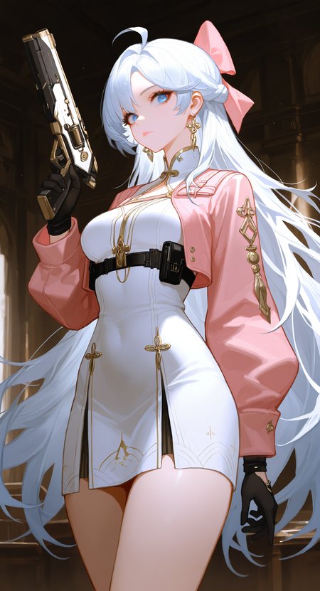 masterpiece, best quality, good quality, very aesthetic, absurdres, newest,  carlotta (wuthering waves), wuthering waves, 1girl, ahoge, black gloves, blue eyes, bow, breasts, closed mouth, dress, earrings, gloves, gun, hair bow, hand up, holding, holding gun, holding weapon, indoors, jacket, jewelry, long hair, looking at viewer, medium breasts, parted bangs, pink bow, pink jacket, rifle, short dress, solo, thighs, very long hair, weapon, white dress, white hair, <lora:ponyv5_noobV065S_1_adamW-000013:0.7> <lora:USNR_STYLE_XL_lokr:0.45> <lora:EtherSDXL:0.15>