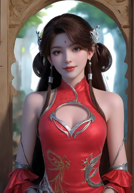 looking_at_viewer,cowboy_shot,(locked_arms:1.2),1girl,solo,dress,(face light:1.5),hair ornament,portiart,from front,masterpiece,(best quality),official art,extremely detailed cg 8k wallpaper,((crystalstexture skin)),(extremely delicate and beautiful),solo,realistic,photo_\(medium\),hiqcgbody,chinese background,(smile:0.4),eye-contact,jewelry,<lora:huolinger_V4-000001:1>,red waistband,long hair,