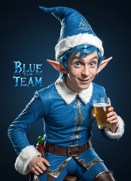 (text: "Blue Team" logo:1.2), drunk blue elf, 8k, F2.8, RAW Photo, ultra detailed,  <lora:xl_more_art-full_v1:0.8>