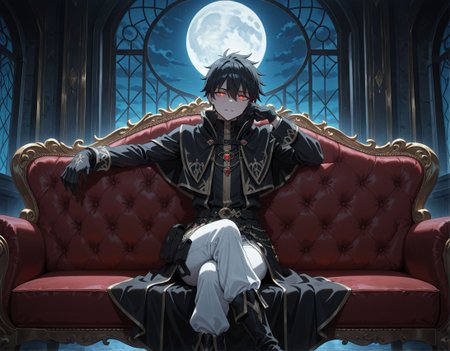 masterpiece,best quality,amazing quality,very aesthetic,absurdres,newest, huge filesize,
<lora:spo_sdxl_10ep_4k-data_lora_webui:0.5>, 2D,anime,anime screenshot, 
<lora:illustrious_quality_modifiers_masterpieces_v1:1>
<lora:Let_This_Grieving_Soul_Retire__Strange_Grief:0.7> ,couch, sitting, crossed legs,  head rest,evil grin, looking at viewer, glowing eyes,dark,night, moon,
1boy,Strange_Grief, 
black robe, haiir covered one eyes, expressionless, guild,
black hair,short hair,
serious expression,
black jacket,gold accents,
high collar,white pants,
black boots,side pouch,
gloves,belt,
chains,standing pose,
detailed outfit,back and front view,