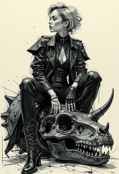 (A hyper-realistic, highly detailed colored sketch in the style of ck-ccd, vantablack high-fashion photograph) A 25-year-old woman with a sharp, angular jawline sits confidently atop a highly glossy obsidian metal Triceratops skull, its reflective surface capturing intricate dappled shadows. Her tousled, asymmetrical silver bob with undercut layers frames her striking face, accentuated by vantablack eyelines, long lashes, piercing vantablack eyes, and matte vantablack lips. She wears a fully vantablack avant-garde ensemble—a flowing asymmetrical coat with jagged, sculptural sleeves and layered metallic-textured accents, cinched at the waist with a structured corset-like belt. A pair of vantablack cybernetic-inspired fingerless gloves highlight her claw-like manicured nails. Her futuristic footwear consists of towering vantablack platform boots with intricate chrome detailing and sharp, angular soles. Seated in a poised yet assertive posture, her weight subtly shifts on the Triceratops skull, exuding effortless dominance. The surreal, high-contrast Cucoloris lighting casts fragmented, cinematic shadows across her and the reflective skull, intensifying the dreamlike fusion of high-fashion dystopia and futuristic storytelling.