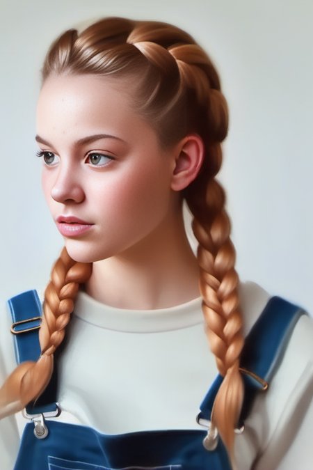 hyper realistic portrait painting of a envious  beautiful woman with  french braid light brown hair wearing overalls  by Irakli Nadar <lora:Irakli_Nadar_Style_XL>