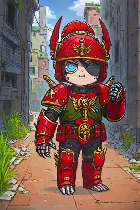 score_9,score_8_up,<lora:Turbo_XL:1>,<lora:Xinzoruo:1>,chibi,helmet,adeptus astartes,warhammer 40k,post-apocalypse,ruins,abandoned city background,mecha claws,gauntlets,, maximum details