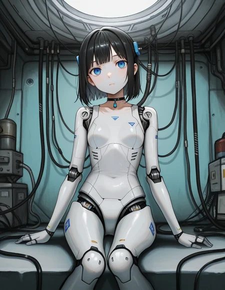 <lora:chuhaibaneILL:0.25>, chuhaibane, <lora:HaruwosiILL:0.25>, haruwosi, <lora:HharuILL:0.25>, hharu, <lora:mucknagabeILL:0.25>, mucknagabe, (masterpiece, best quality, ultra-detailed, absurdres, newest, detailed textures, correct anatomy,  very aesthetic:1), 1girl, 1girl, sitting sideways, plugged in, lots of cables, mechabare, metal skin, android, robot joints, cable, futuristic workshop, expressionless, fainted, empty eyes, dimly lit, <lora:luming:0.7> luming, bangs, blue eyes, black hair, choker