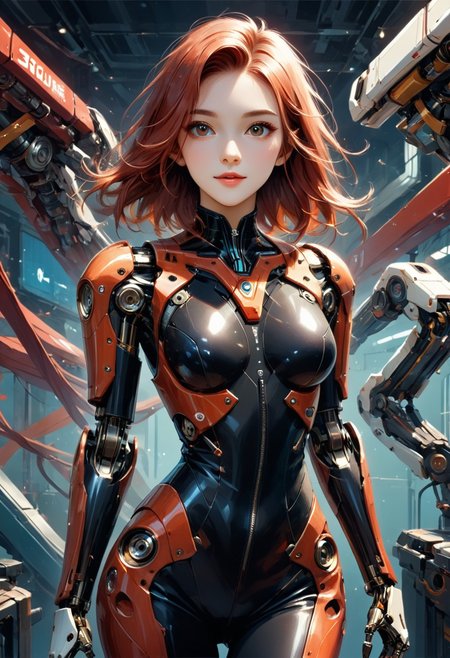 score_9, score_8_up, score_7_up, woman 30yo, European caucasian, cowboy shot, medium breasts, cute, red and black bodysuit, mechanical parts