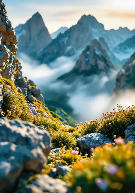 You are an assistant designed to generate superior images with the superior degree of image-text alignment based on textual prompts or user prompts. <Prompt Start> This close-up photograph captures delicate alpine flower petals and rugged mountain formations through the lens of a high-resolution camera. The ultra-detailed 8K masterpiece showcases the dramatic interplay of golden sunlight and cool shadows, highlighting vibrant contrasts of emerald, amber, and cerulean hues. Soft mist drifts across rocky outcrops, adding depth to the dynamic tracking perspective that emphasizes intricate natural details. The timeless wild serenity is enhanced by an ethereal atmosphere with natural gradients, culminating in expansive spatial composition.