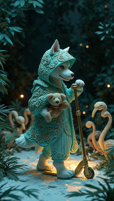 In a self-growing garden, a surreal scene unfolds, crafted with the precision of a layered three-dimensional papercraft. The background is a deep, inky black, setting the stage for the intricate layers of teal and metallic gold that dominate the design. At the center of this garden stands an anthropomorphic Siberian Husky, its form meticulously cut from fine paper. The Husky's rain cloud hat and raincoat are adorned with beveled edges and flowing motifs, their intricate details catching the light in a way that enhances their ethereal presence. The hat is adorned with delicate, swirling patterns inspired by the natural world, while the raincoat features geometric shapes that interlock seamlessly.
The Husky's pose is dynamic, with hyperextended joints that add a whimsical touch to the scene. It performs a hip hop shuffle with a crossed-eyebrow expression, infused with a sense of playfulness and defiance. In its hands, it holds a Teddy bear, also crafted from layered paper, with soft, beveled edges that give it a tactile, almost lifelike quality.
Surrounding the Husky are flamingo scooters, their forms meticulously detailed with intricate patterns and metallic accents. The scooters add a touch of whimsy and contrast to the scene, reflecting the light in a way that highlights their ornate design. The snow in the garden is made of bubble gum, its surface rendered in a shimmering, translucent layer of paper that glistens under the soft, dramatic lighting.
The lighting, provided by light-up dance shoes, casts a gentle glow across the scene, emphasizing the relief and shadows between the layers. The shoes are adorned with sequined jumpsuits, their shimmering surfaces catching the light and adding a touch of glamour and sophistication. The entire scene is a mystical, regal masterpiece, where the mundane is transformed into the extraordinary through the art of layered papercraft.