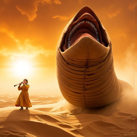 cinematic photorealism: A young girl playing the flute at desert dune, A towering Sandworm dancing at  the golden sand Arrakis, its massive ridged body rippling through the shifting sands. The sunset, casting long shadows across the desert ,  The Sandworm’s colossal, gaping maw reveals countless interlocking crystalline teeth, glistening in the harsh sunlight. A storm brews in the distance, its roiling dust clouds creeping across the horizon, hinting at the raw, untamed power of the desert.