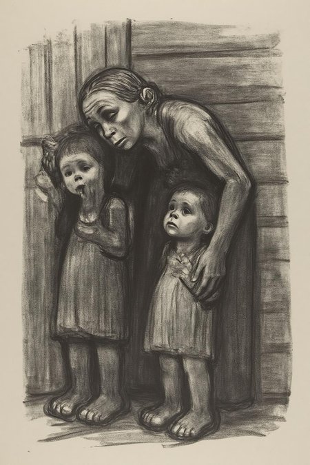 kako1 black and white charcoal drawing. A poignant charcoal drawing in the style of Kathe Kollwitz, illustrating a somber scene of a bent-over woman, her posture conveying exhaustion and despair, leaning against a wooden wall. Behind her stand two children, dressed in simple, worn clothing, looking up at her with quiet concern and innocence. The composition is rendered with heavy, expressive strokes in shades of black and gray, creating a raw and emotional atmosphere. The background features minimal details, focusing the viewer's attention on the figures and their emotional connection. The artwork evokes themes of poverty, maternal hardship, and resilience, capturing a deeply human and empathetic moment. <lora:kako1_litho_nocap_d6a3:1.0><lora:814760909856716774:0>
