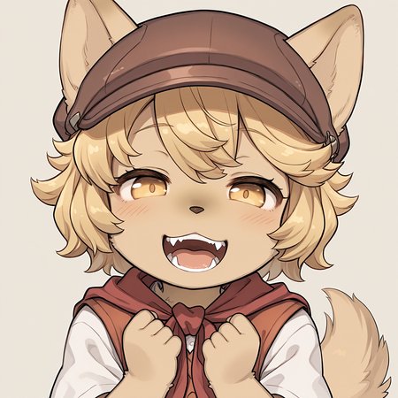 masterpiece, best quality, (absurdres), (highest quality), amazing quality, very aesthetic, no humans,
BREAK, <lora:Mei_Marzipan_Illustrious_V1:1>, mei marzipan, fuga: melodies of steel, kemono, furry female, 1girl, child, beige fur, blonde hair, yellow eyes, dog girl, animal ears, dog tail, dog ears,
BREAK, fuga 2 outfit, dress, red scarf, vest, hat,
BREAK, (solo), face focus, close-up, narrowed eyes, laugh, open mouth, fangs, looking at viewer,